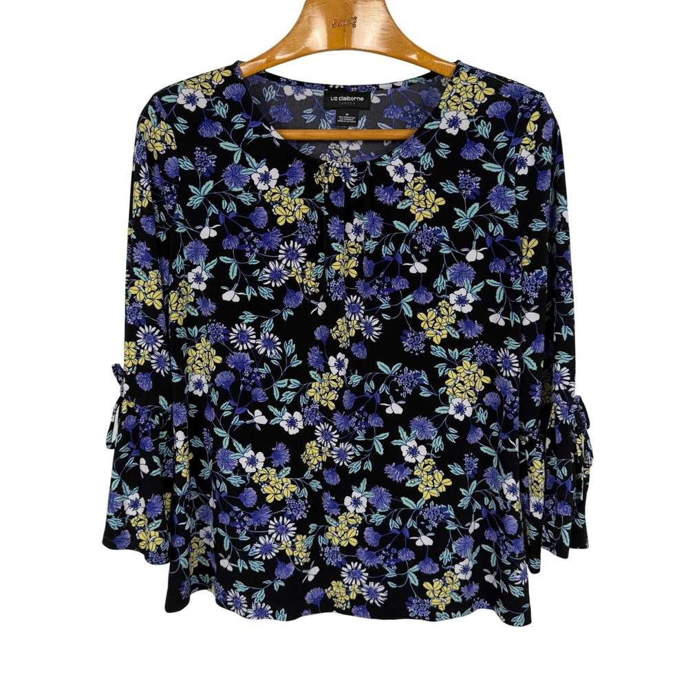 Liz Claiborne Career M Floral Black Blue Blouse Bell Sleeve Tie Cuff Stretch Top